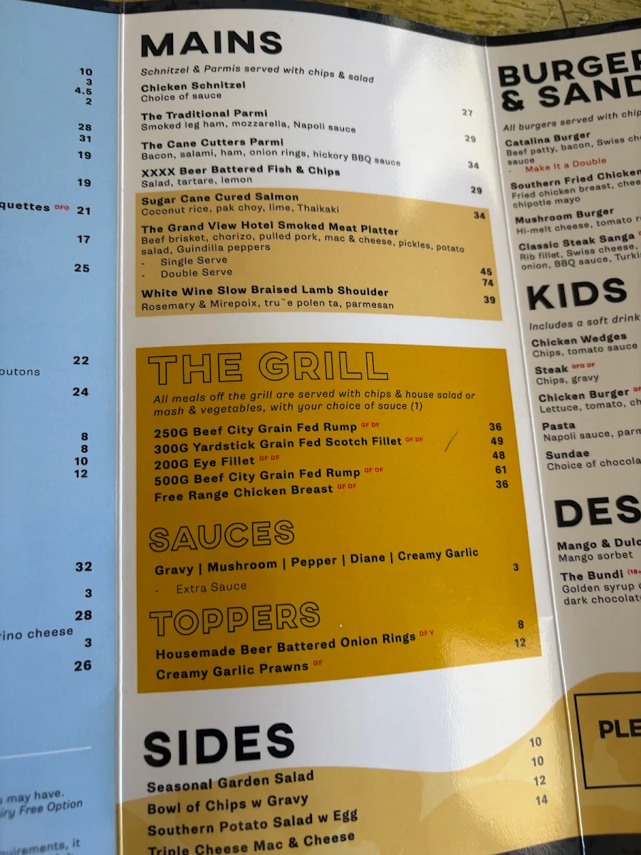 Menu, Grand View Hotel