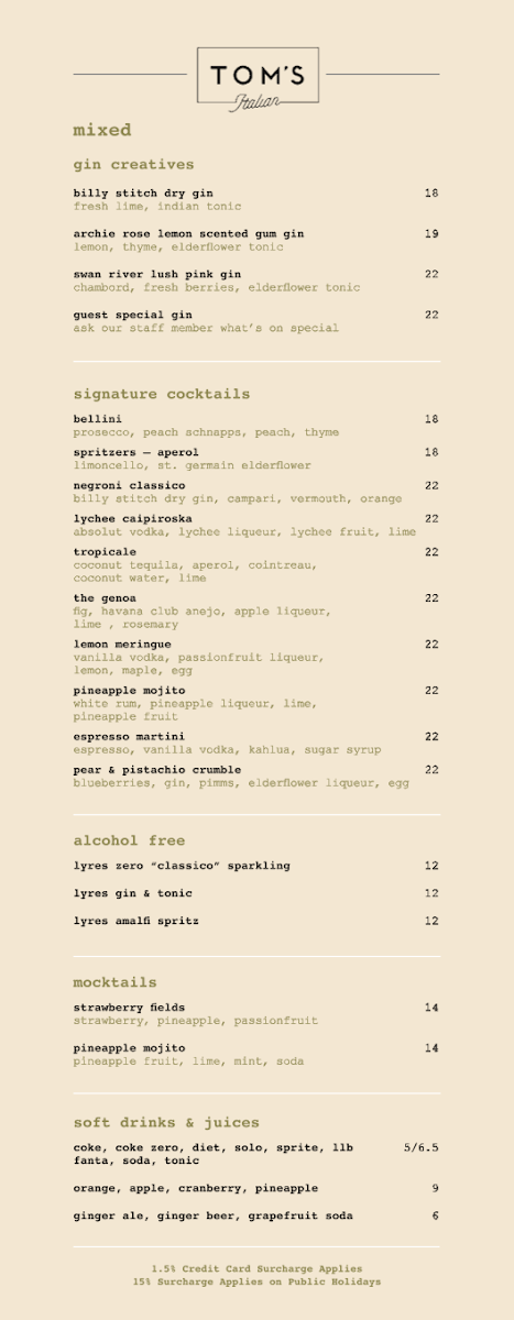 Menu, Tom's Italian