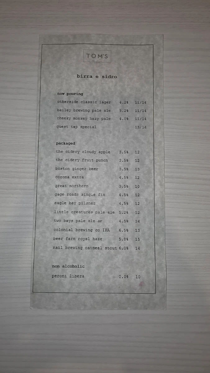 Menu, Tom's Italian