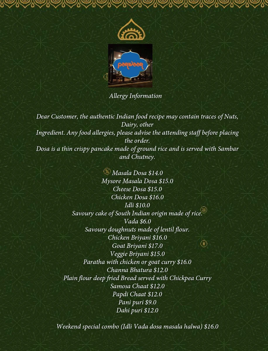Menu, Parivaar Indian Restaurant
