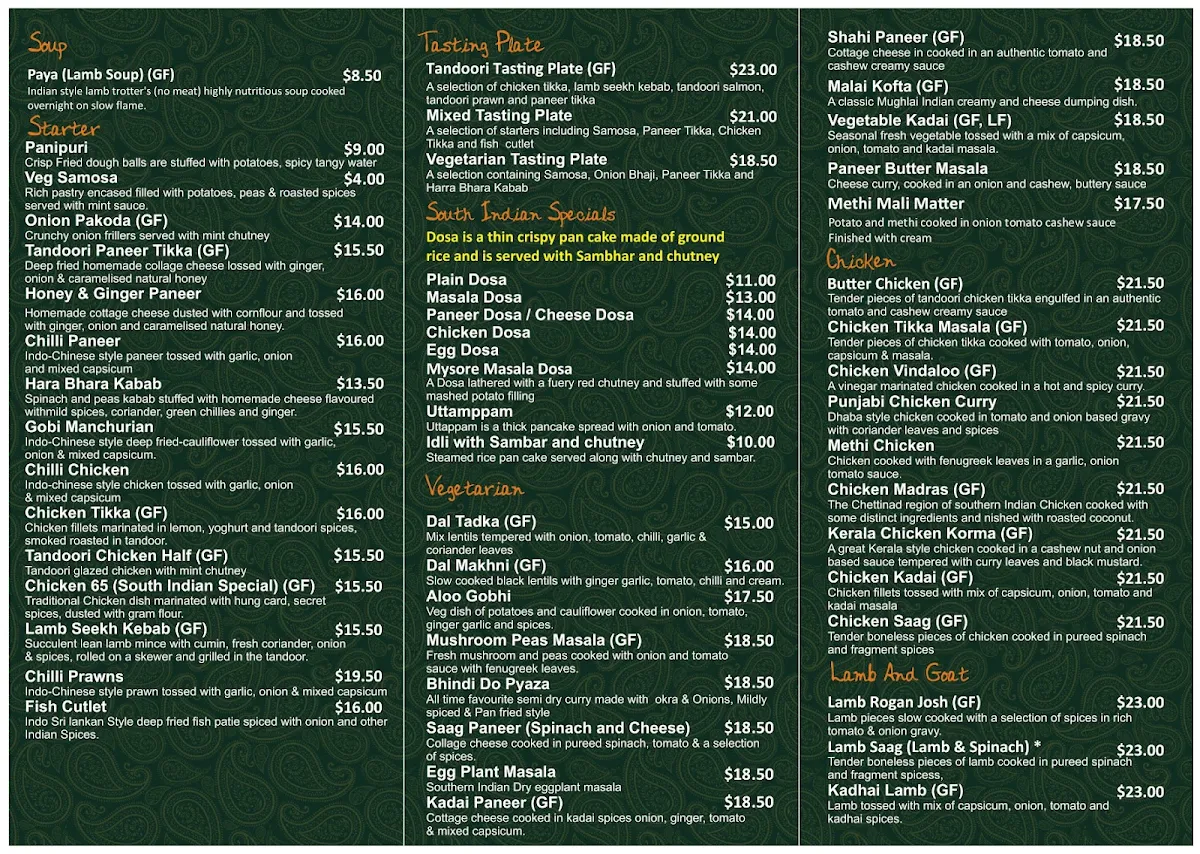 Menu, Parivaar Indian Restaurant
