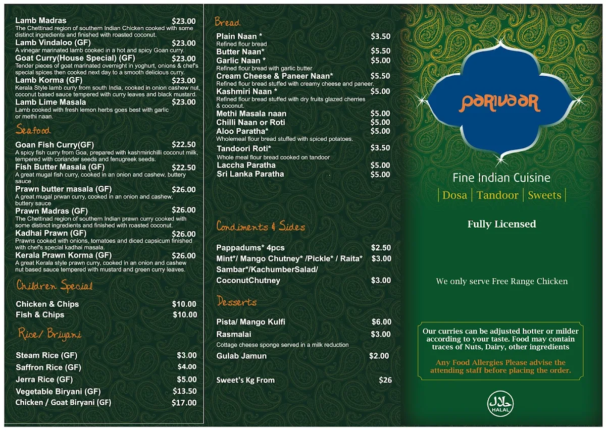 Menu, Parivaar Indian Restaurant