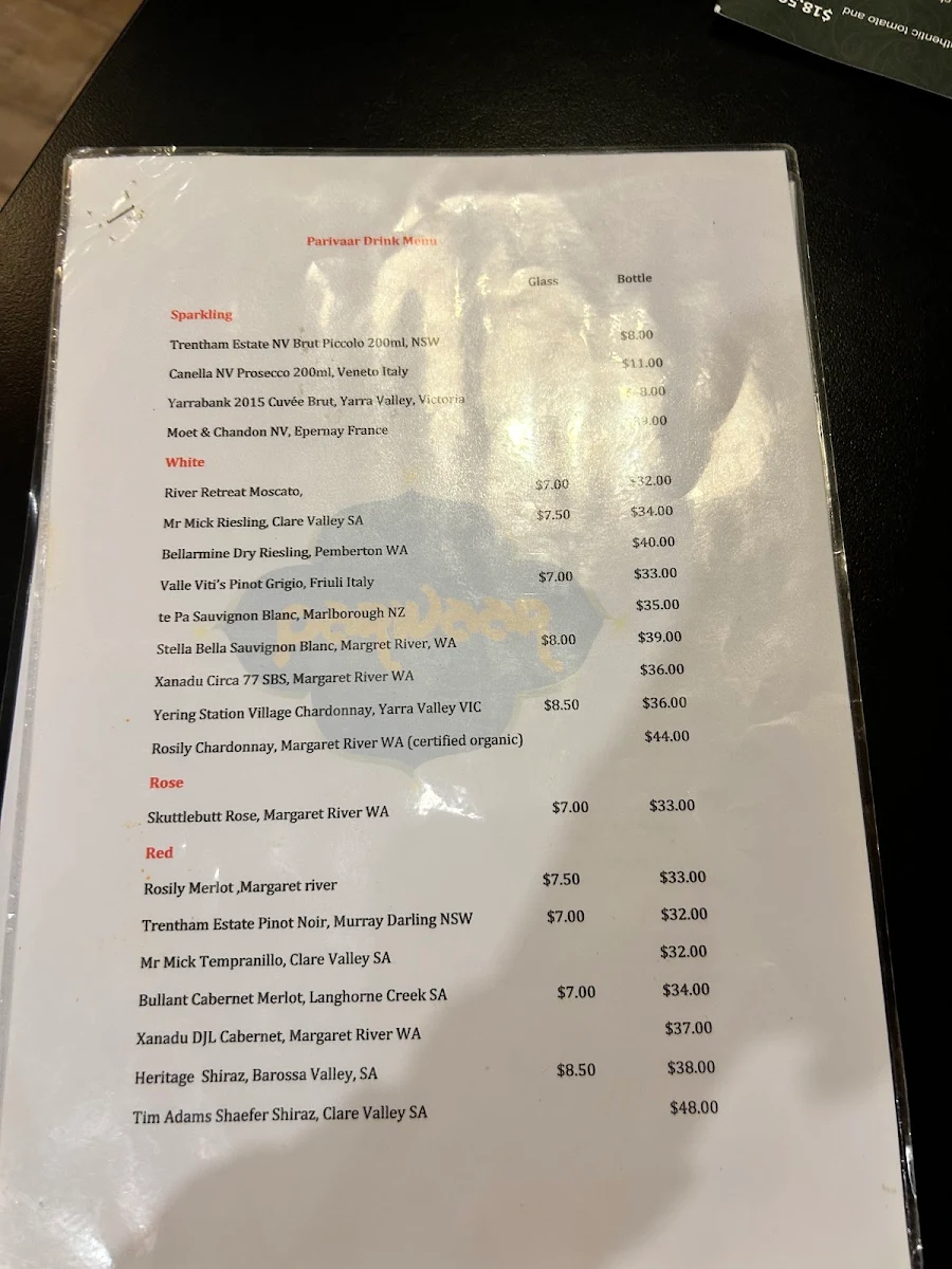 Menu, Parivaar Indian Restaurant