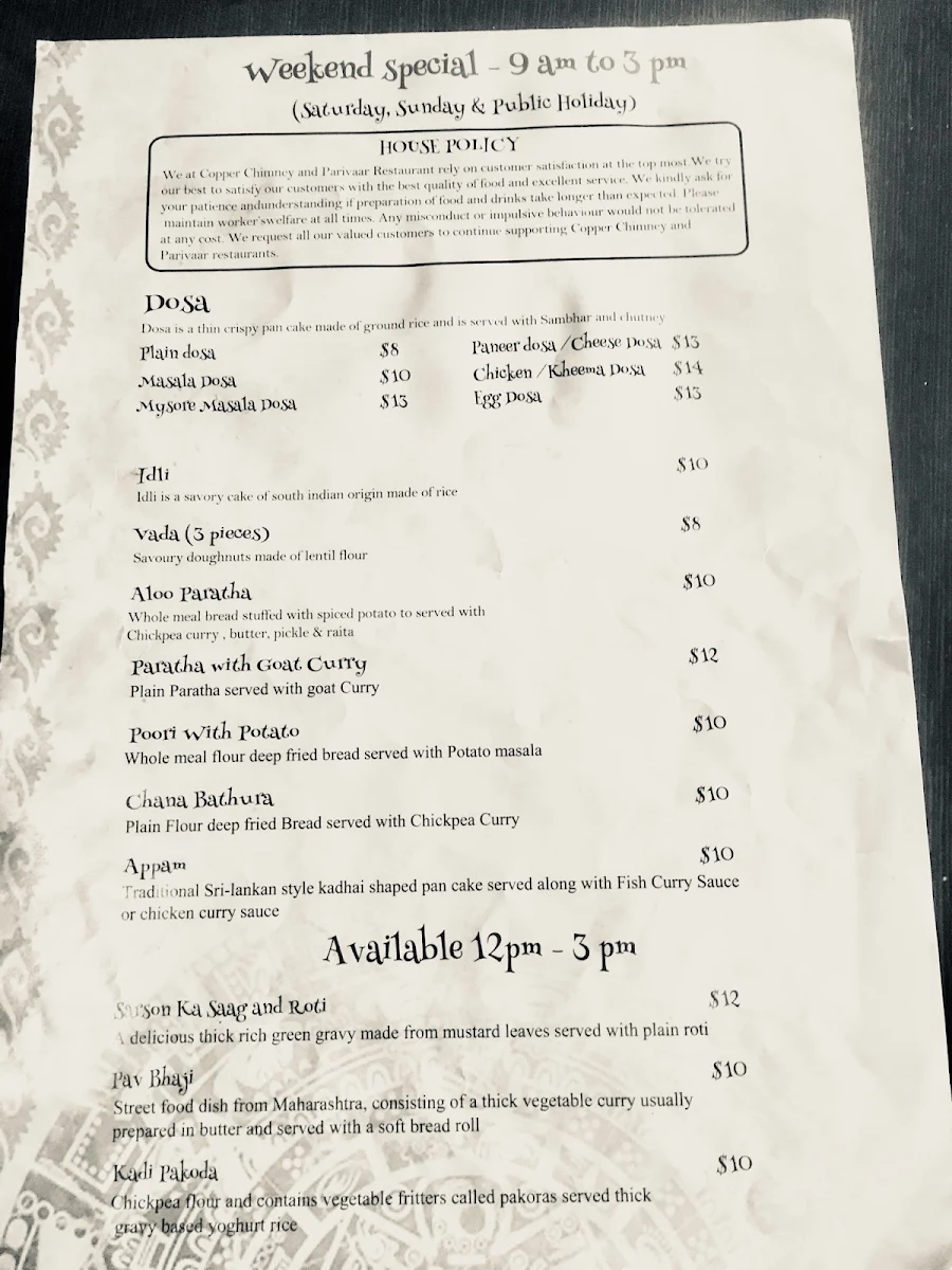 Menu, Parivaar Indian Restaurant
