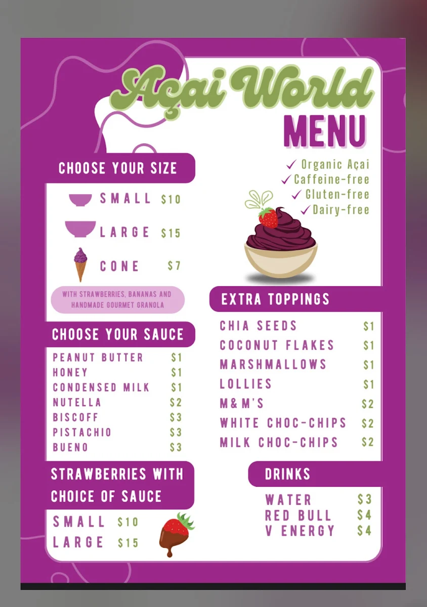 Menu, Acai World