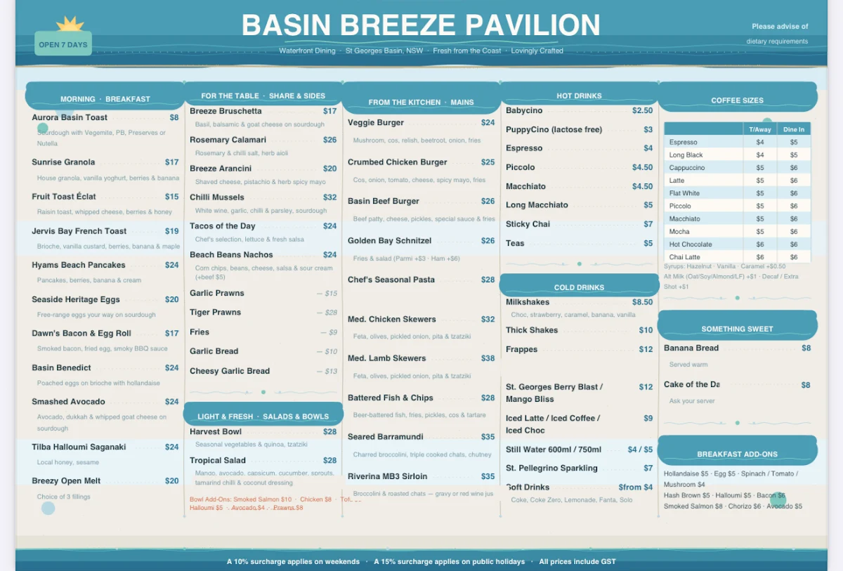 Menu, Basin Breeze Pavilion - Waterfront Dining