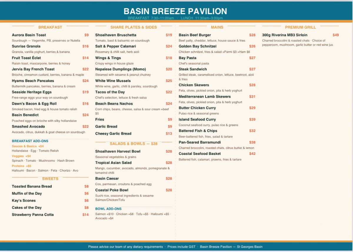 Menu, Basin Breeze Pavilion - Waterfront Dining