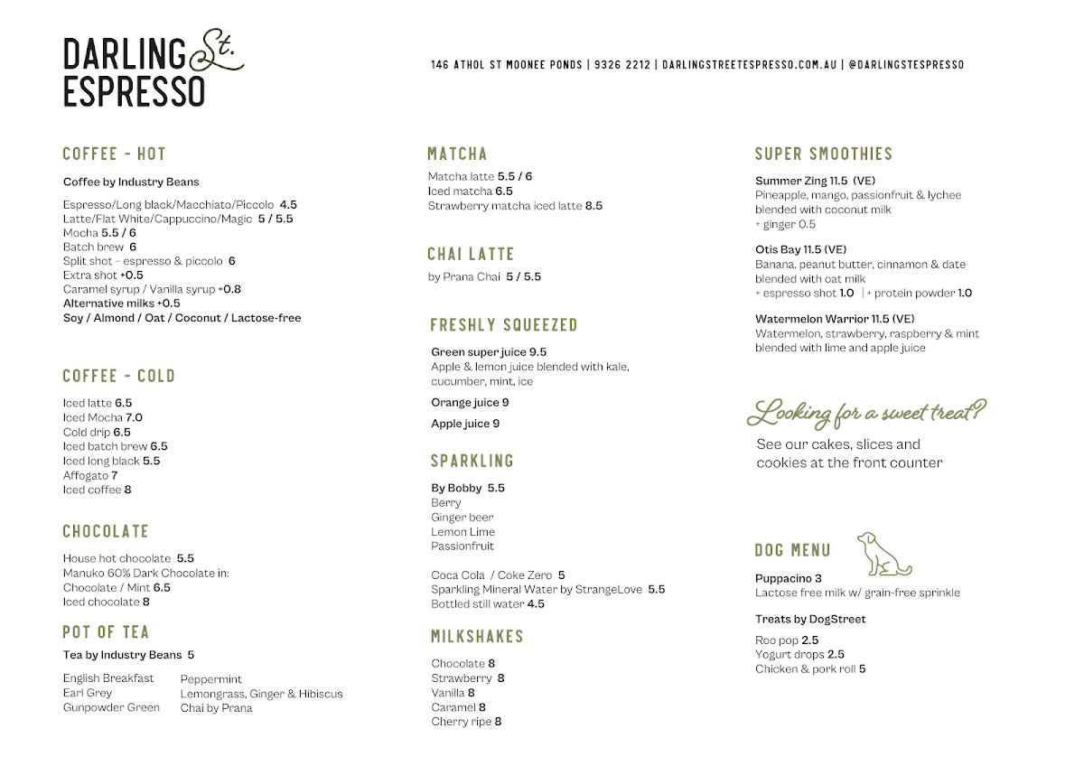 Menu, Darling Street Espresso