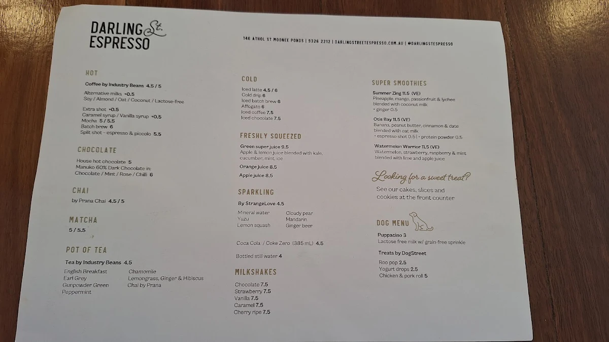Menu, Darling Street Espresso
