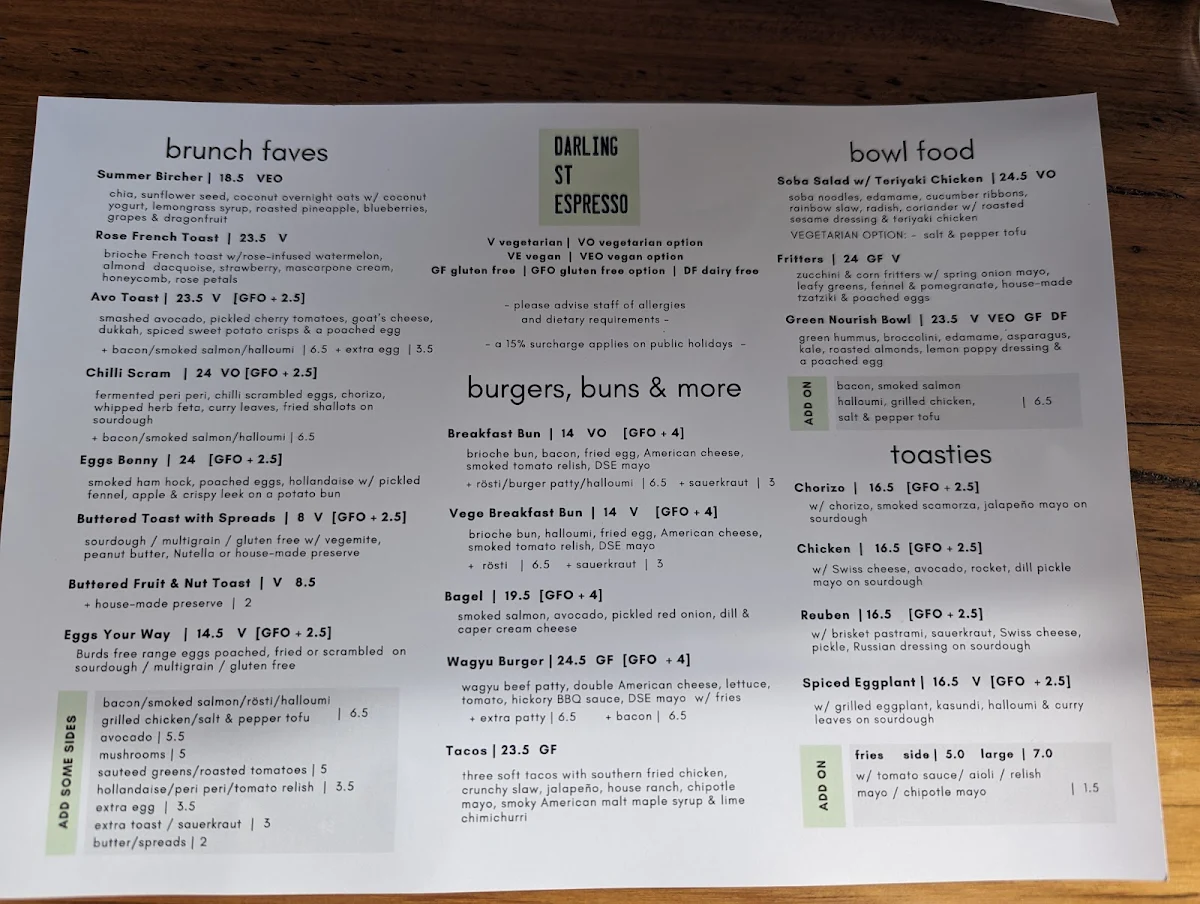Menu, Darling Street Espresso