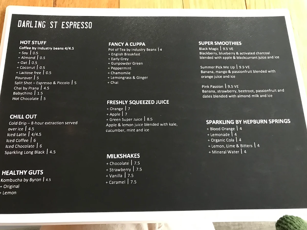 Menu, Darling Street Espresso