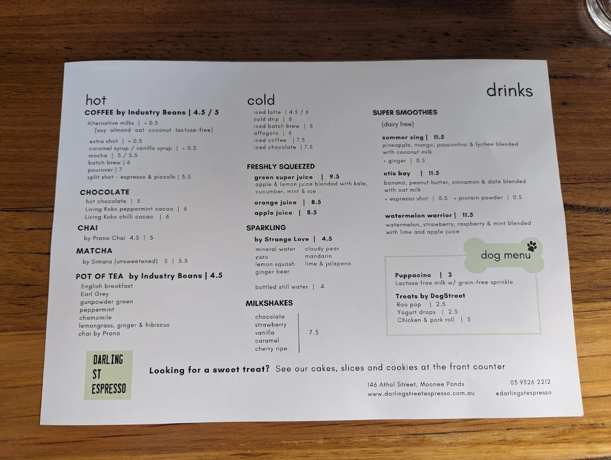 Menu, Darling Street Espresso