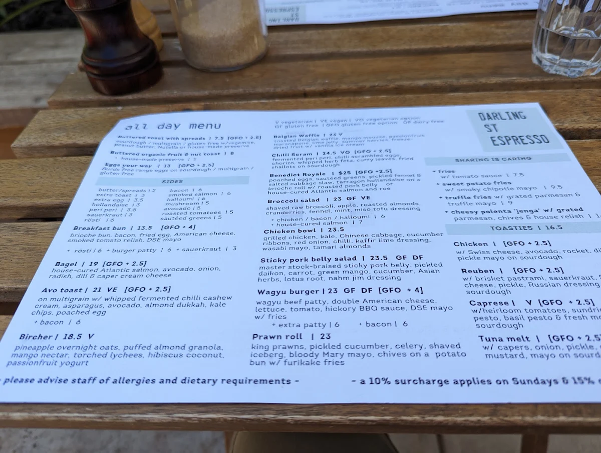 Menu, Darling Street Espresso