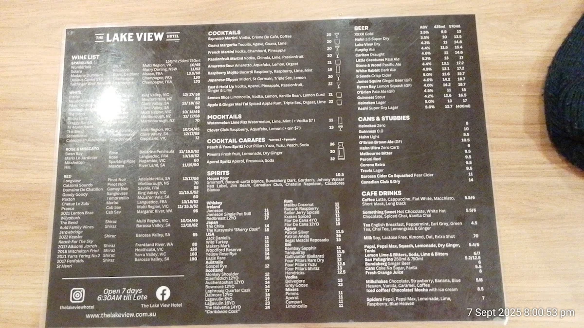 Menu, The Lake View Hotel