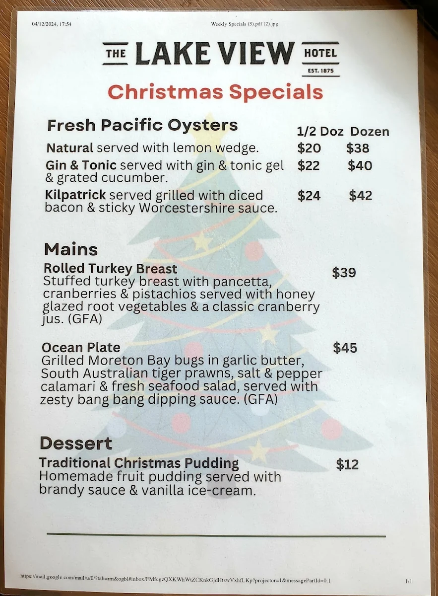 Menu, The Lake View Hotel