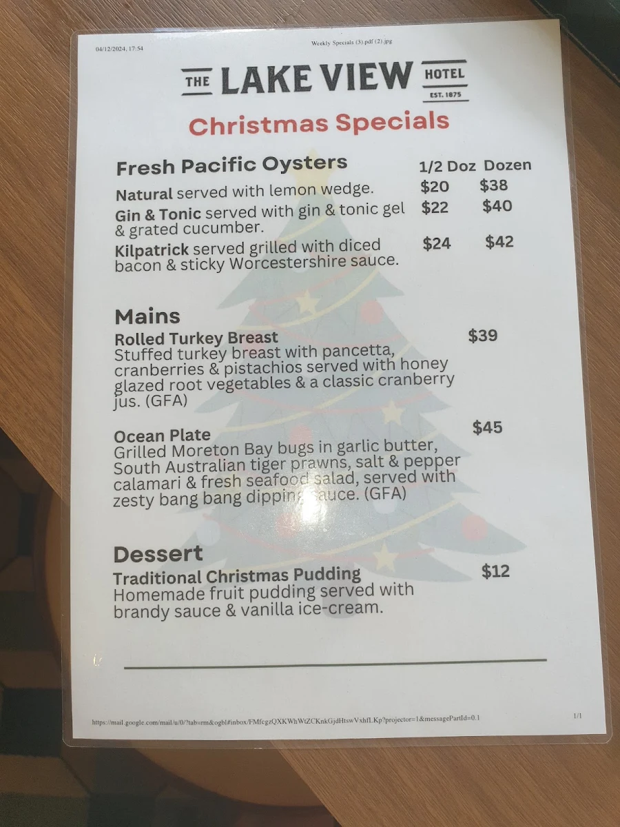 Menu, The Lake View Hotel