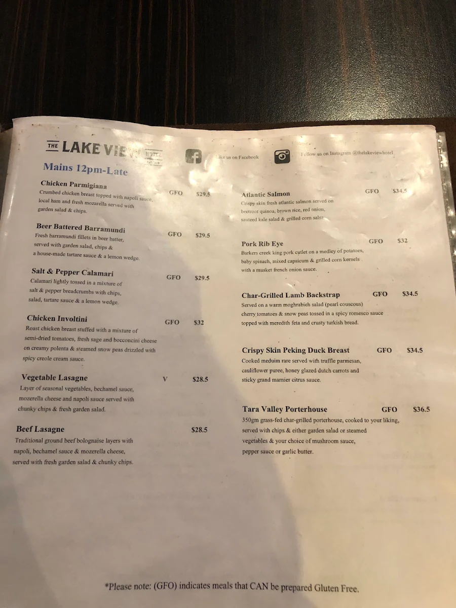 Menu, The Lake View Hotel