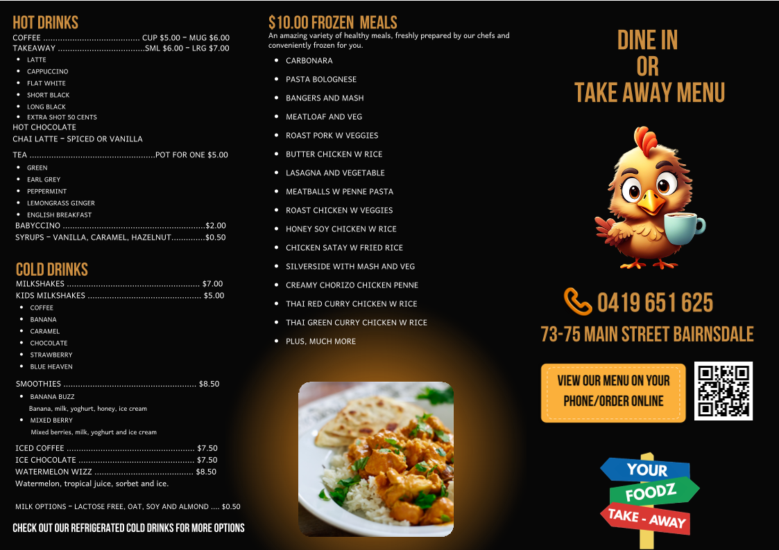 Menu, Your Foodz (Bairnsdale Charcoal Chicken)