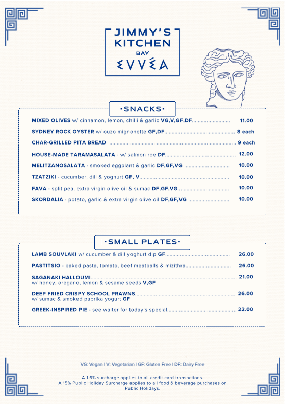Menu, Jimmy’s Kitchen (Bay Nine Sydney)