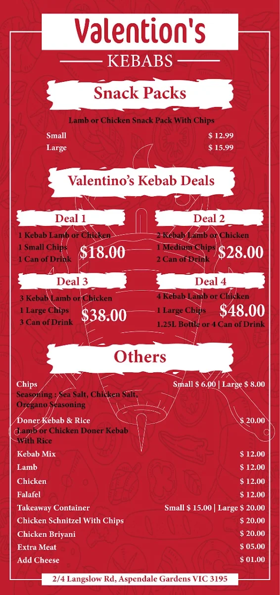 Menu, Valentino's kebab