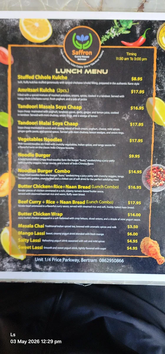 Menu, Saffron Curry House