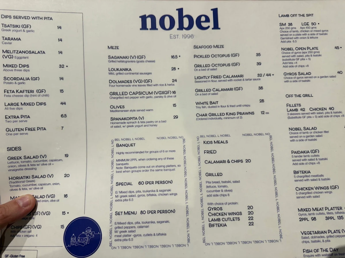 Menu, Nobel Greek Tavern