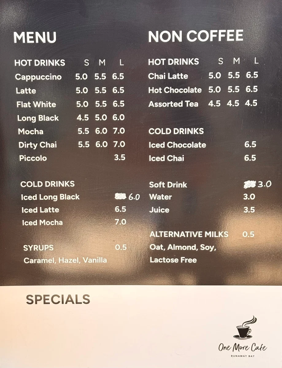 Menu, One More Cafe Runaway Bay