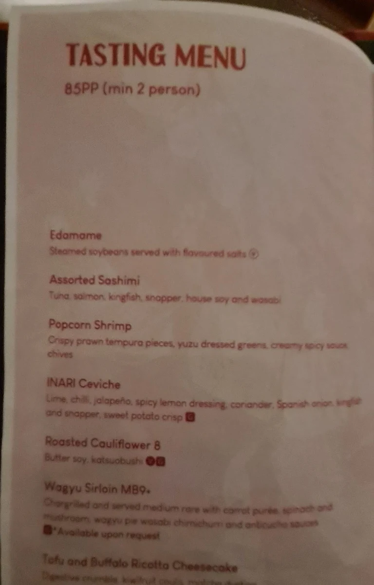 Menu, Inari Canberra Centre