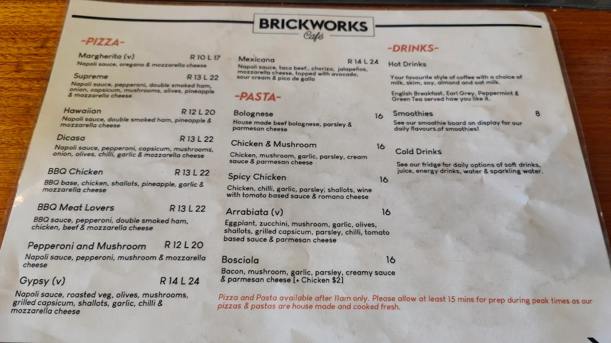 Menu, Brickworks Cafe