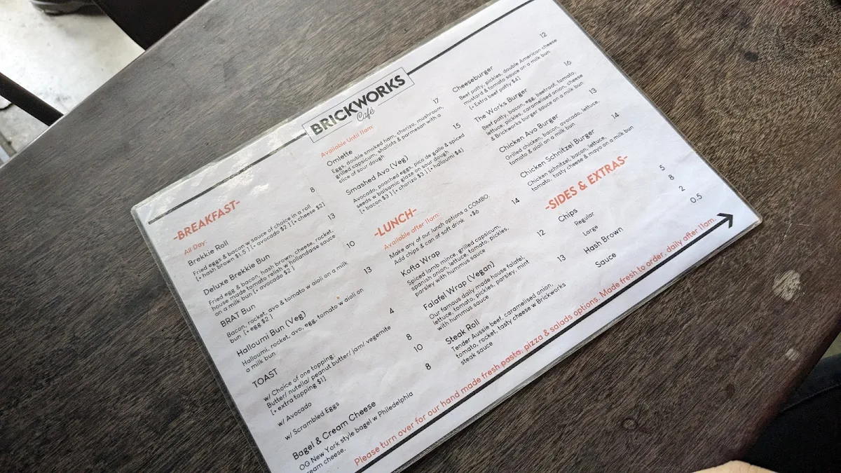 Menu, Brickworks Cafe
