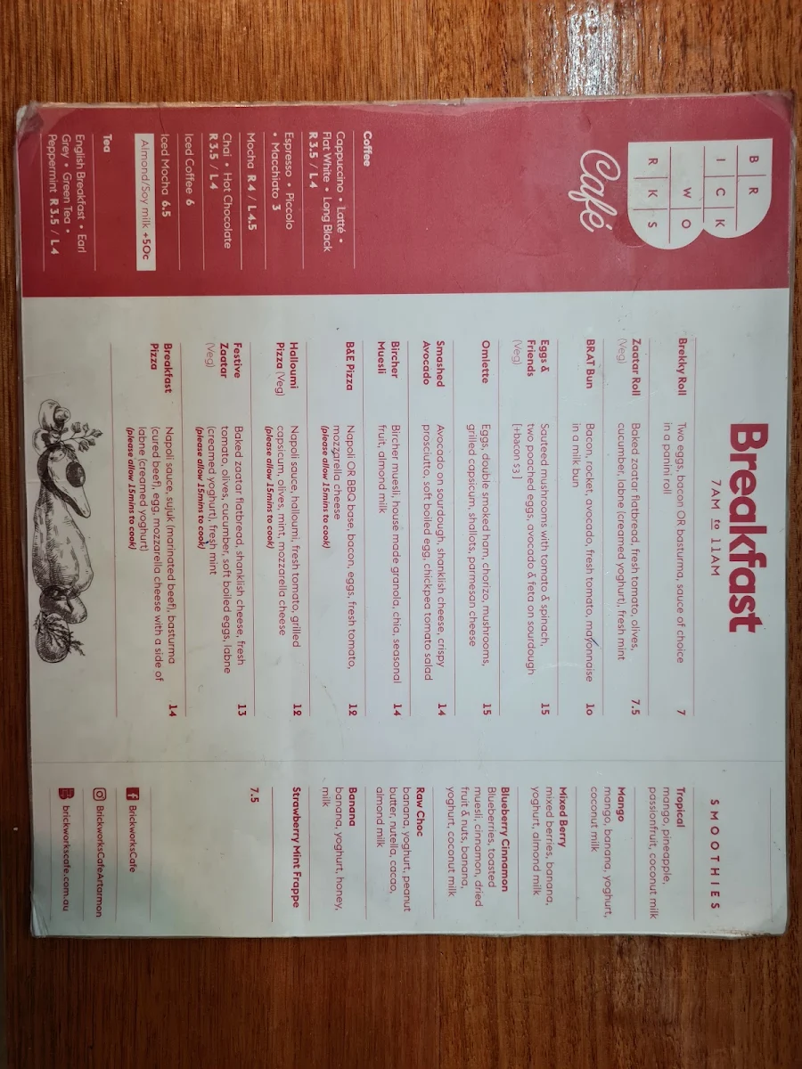 Menu, Brickworks Cafe