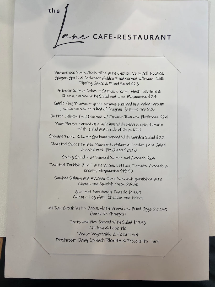 Menu, The Lane Cafe - Restaurant.
