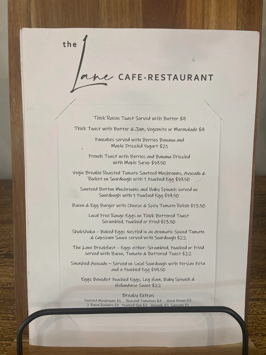 Menu, The Lane Cafe - Restaurant.