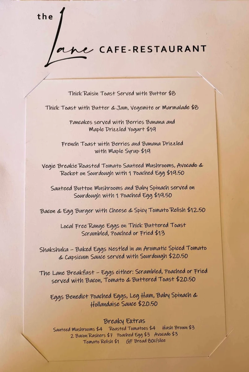 Menu, The Lane Cafe - Restaurant.