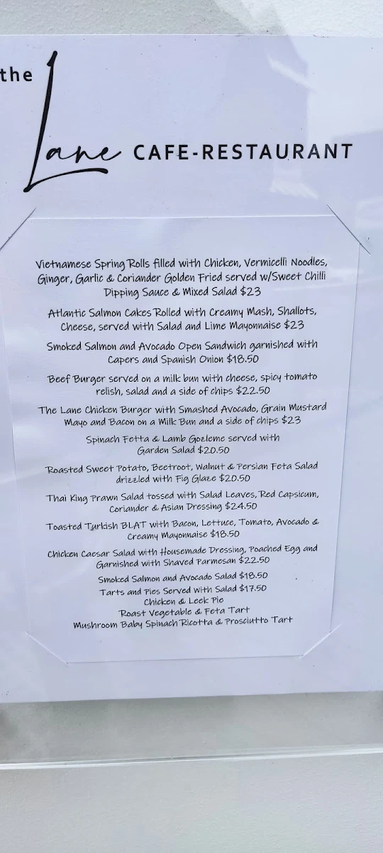 Menu, The Lane Cafe - Restaurant.