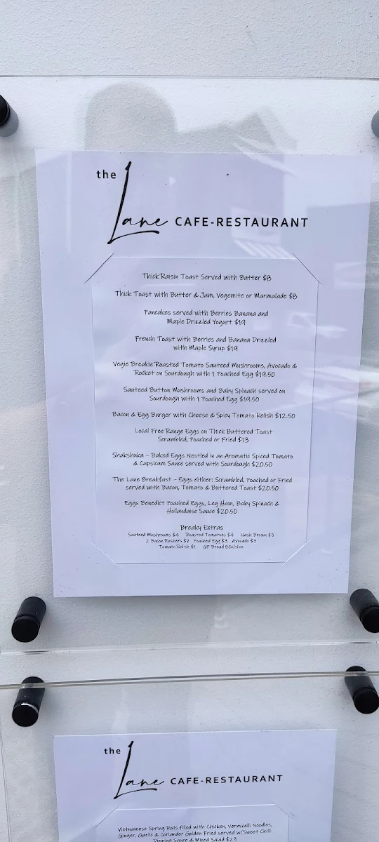 Menu, The Lane Cafe - Restaurant.