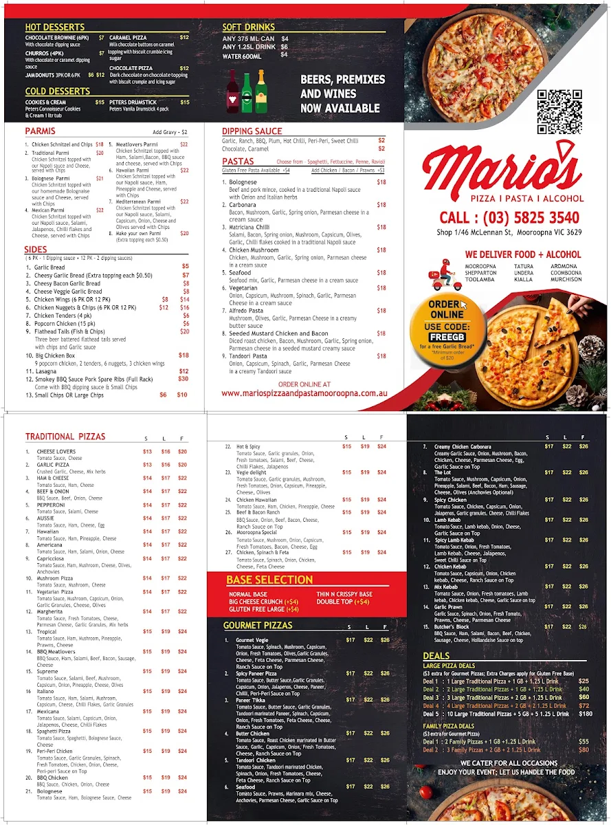 Menu, Mario's Pizza and Pasta