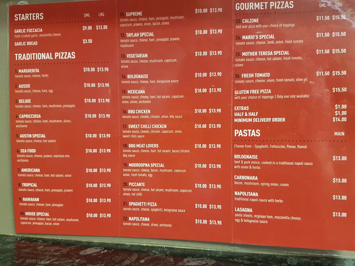 Menu, Mario's Pizza and Pasta