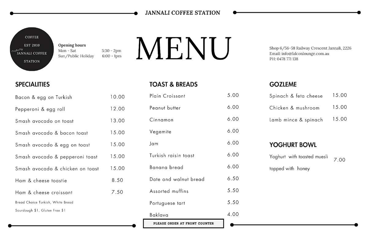 Menu, Jannali Coffeestation