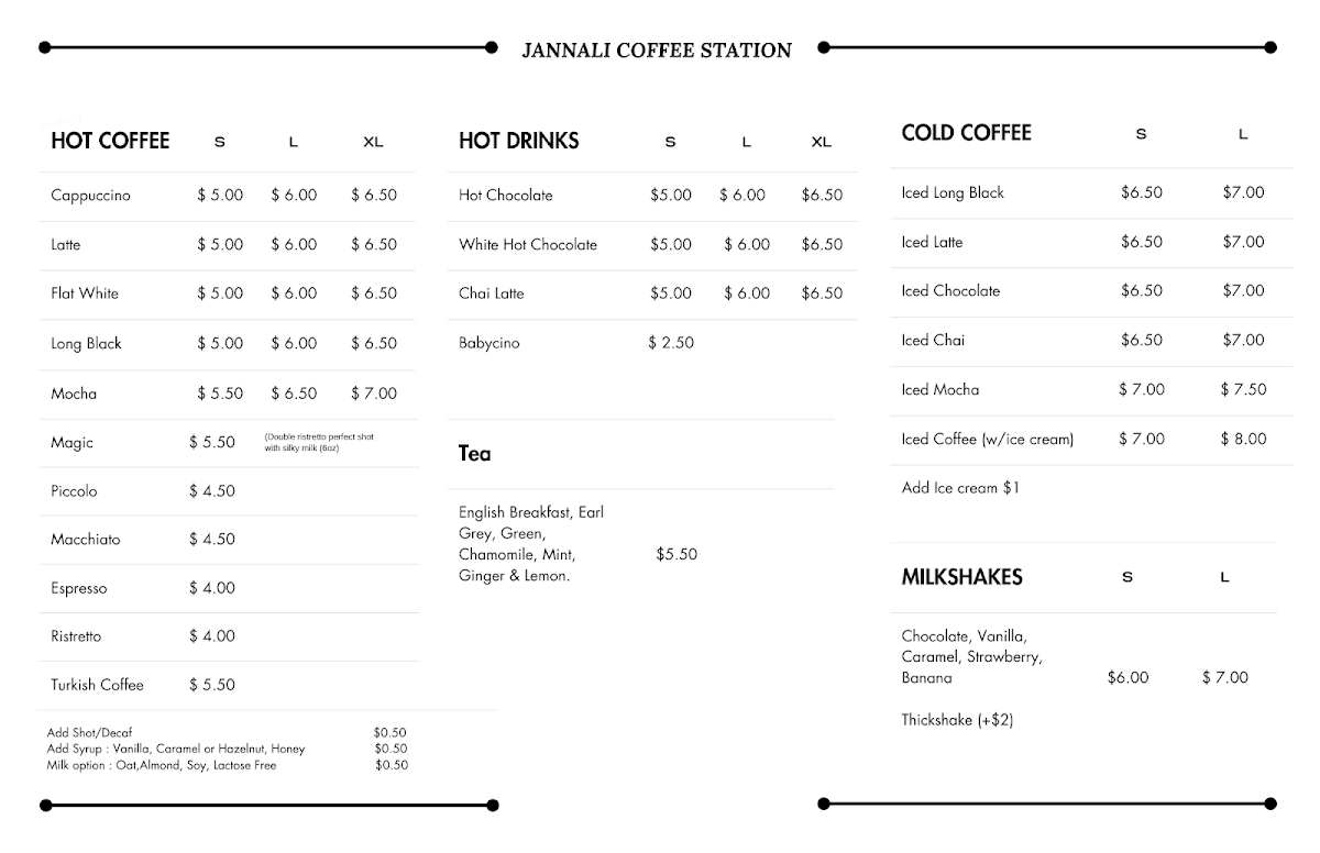 Menu, Jannali Coffeestation