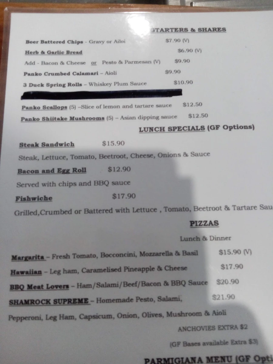 Menu, The Pub on Palmer