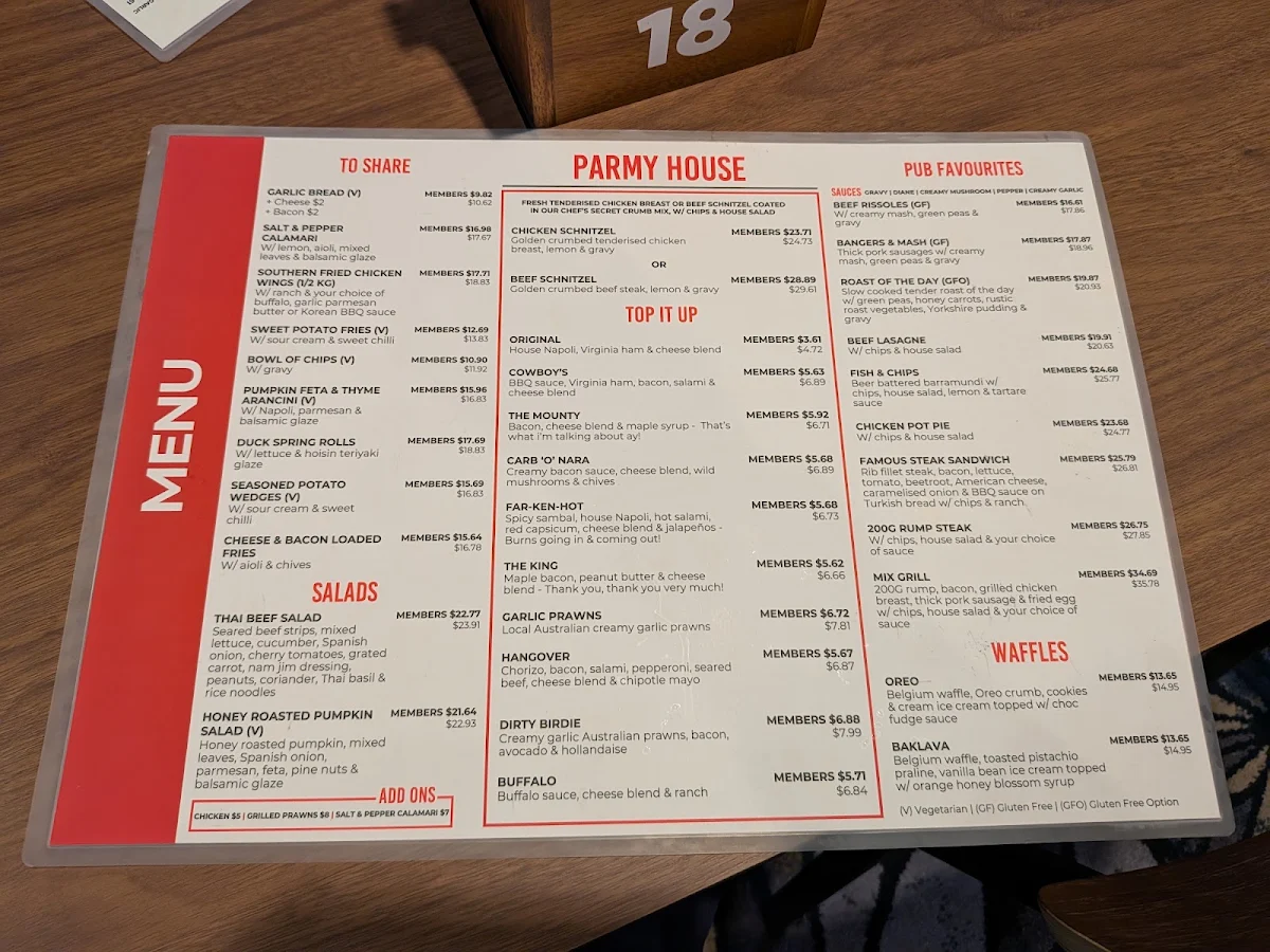Menu, The Pub on Palmer