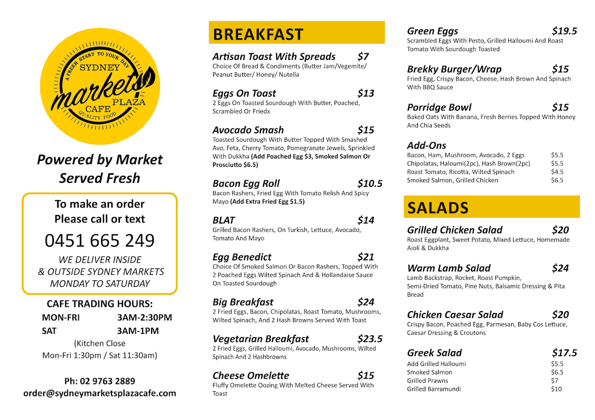 Menu, Sydney Markets Plaza Cafe