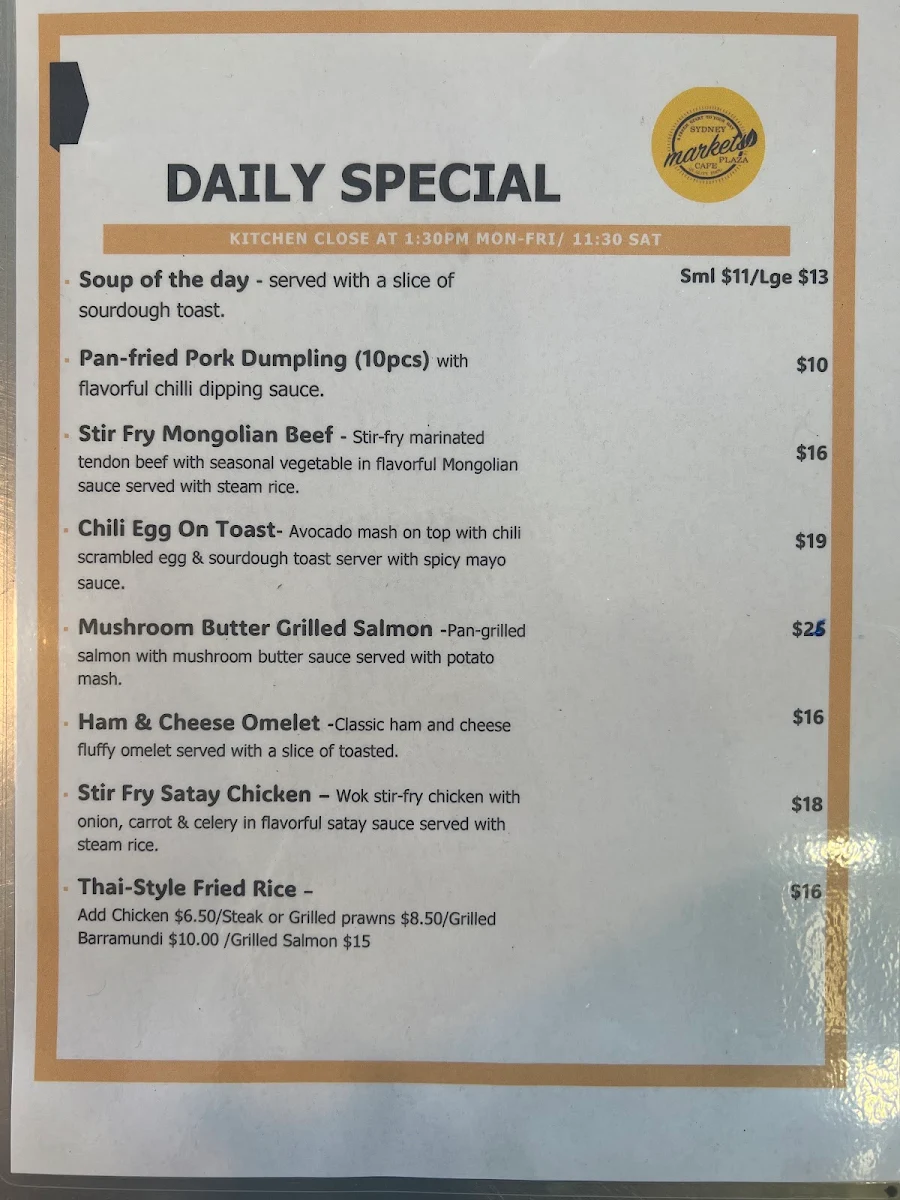Menu, Sydney Markets Plaza Cafe