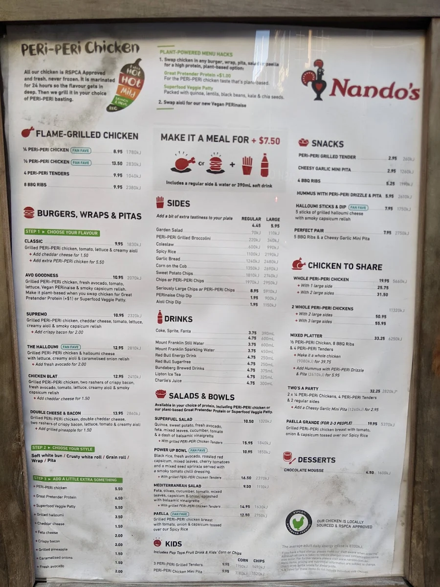 Menu, Nando's Clarence St