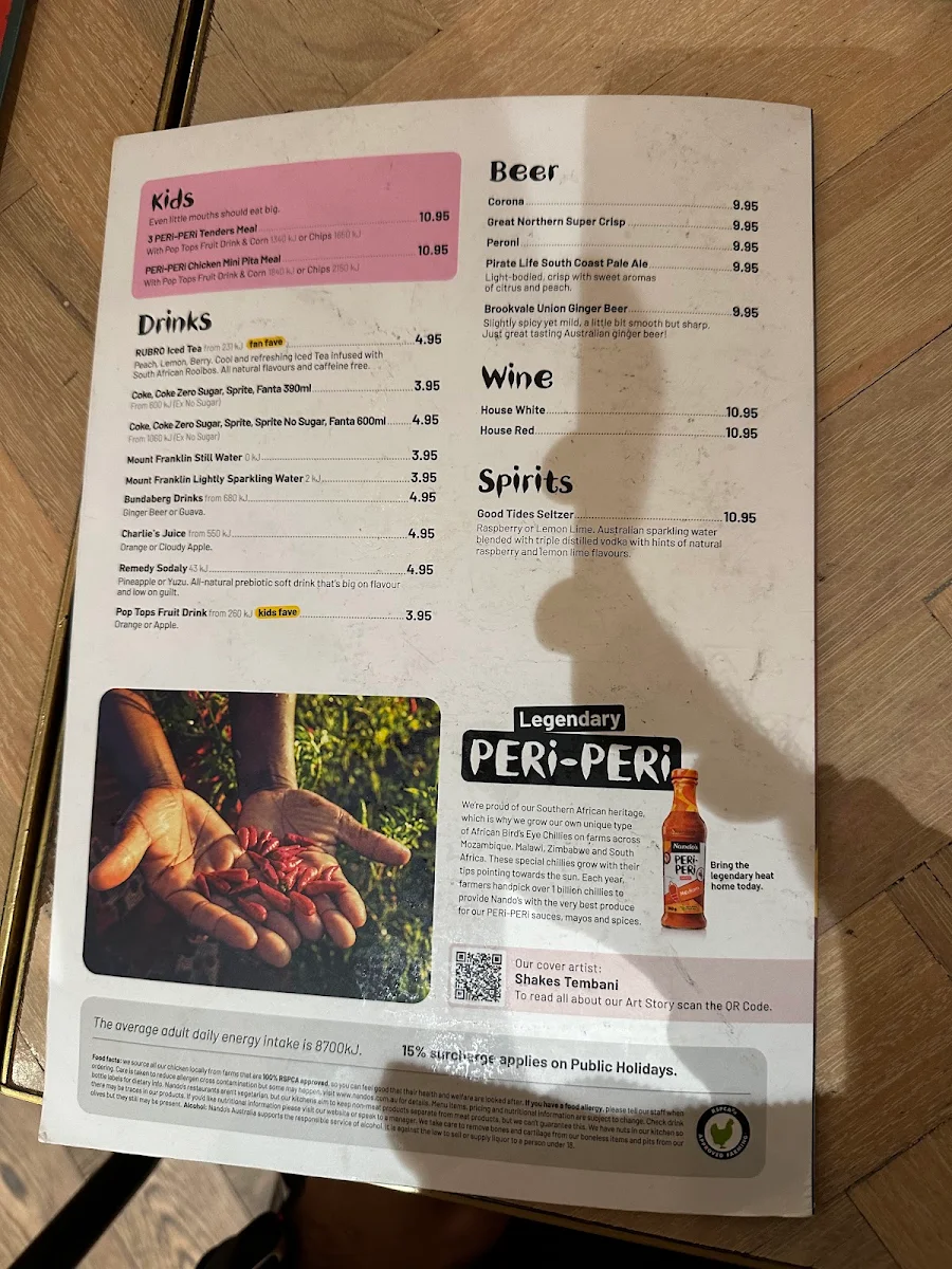 Menu, Nando's Clarence St