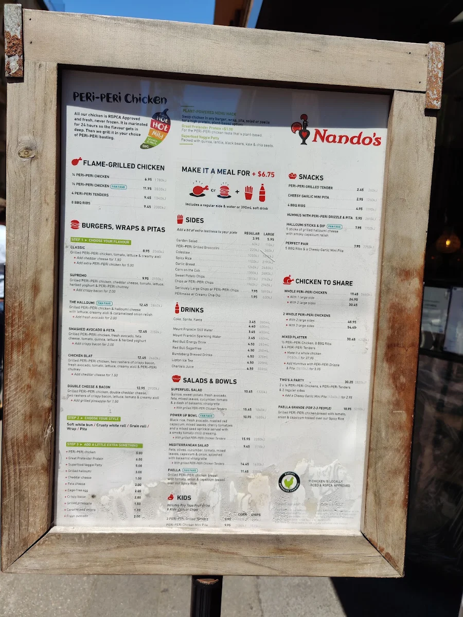 Menu, Nando's Clarence St
