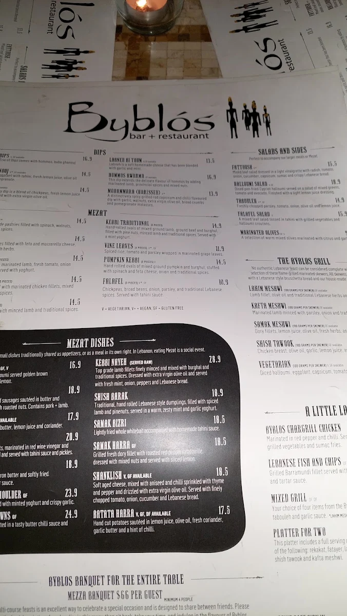 Menu, Byblós Brisbane