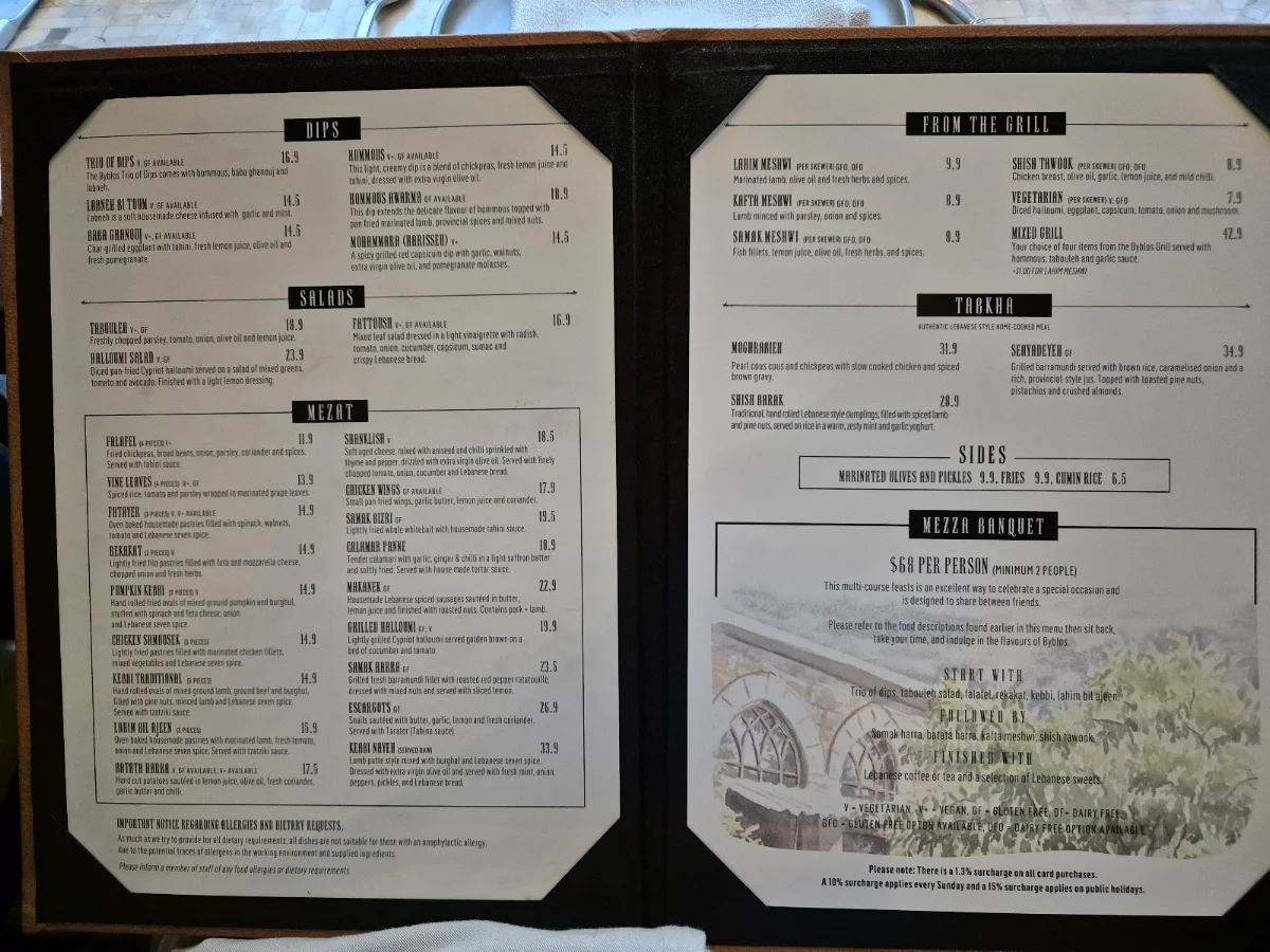 Menu, Byblós Brisbane
