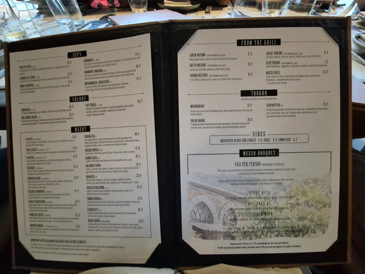 Menu, Byblós Brisbane